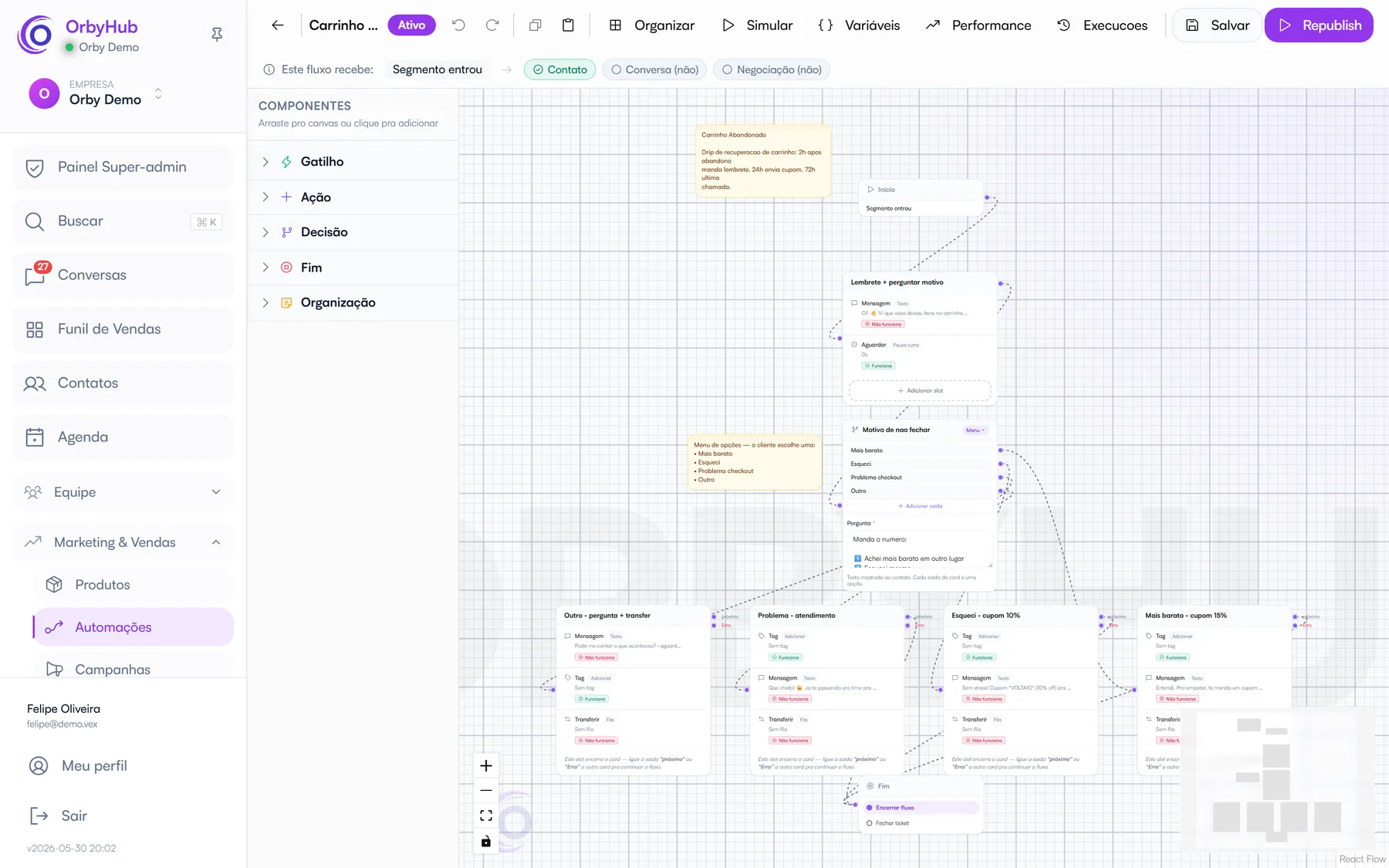 Editor de automação visual da OrbyHub