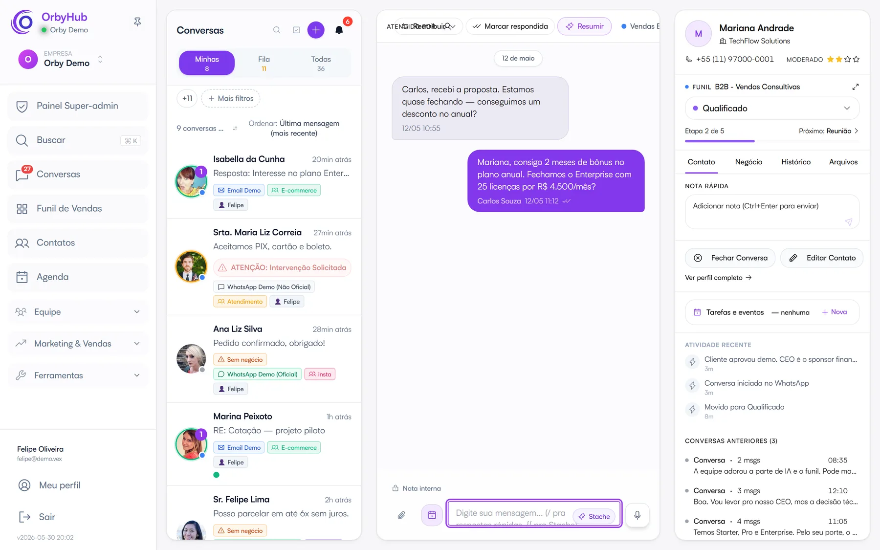 Painel da OrbyHub: conversa no WhatsApp ao lado do funil de vendas do contato