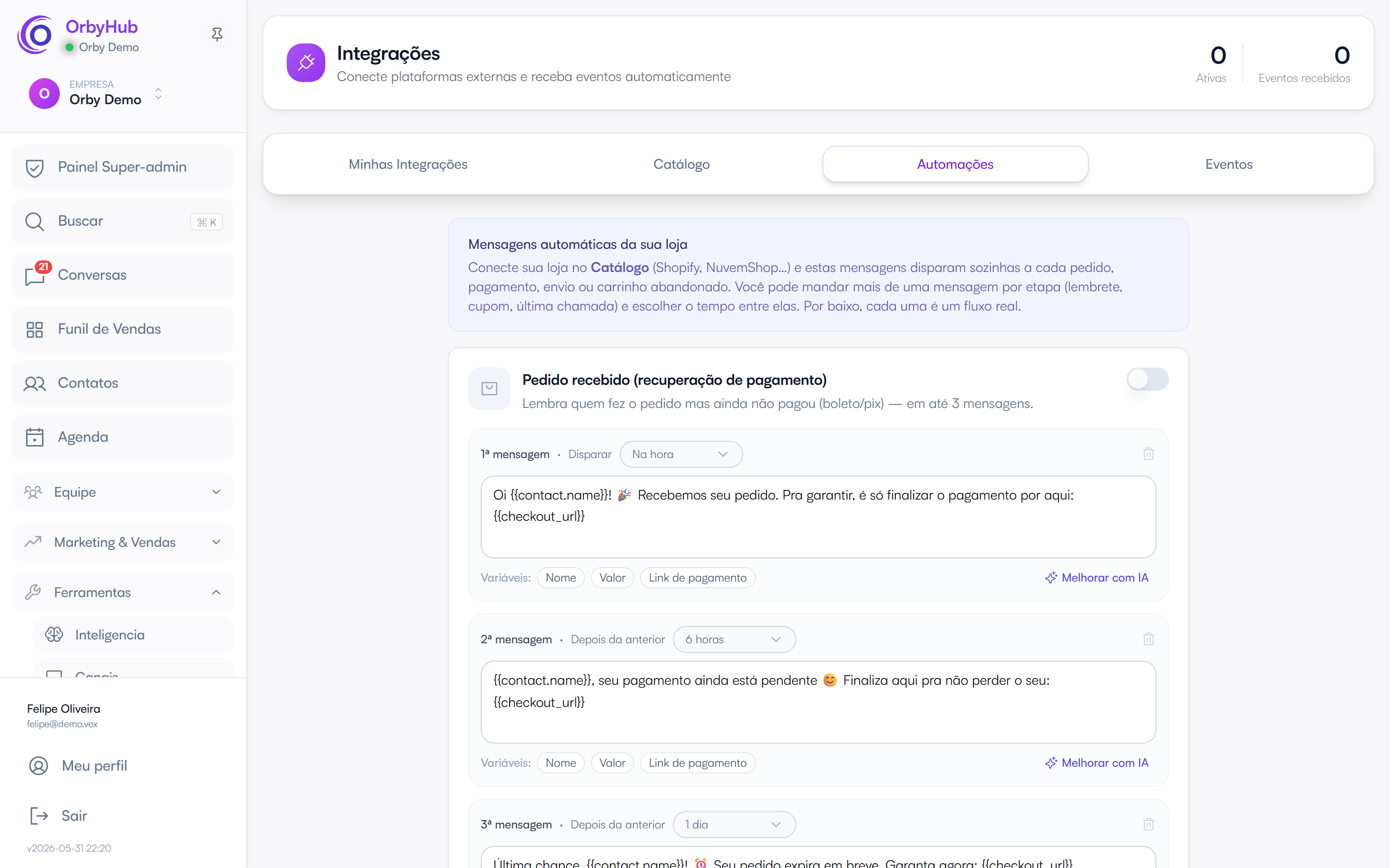 Automações de recuperação de carrinho e pagamento da OrbyHub