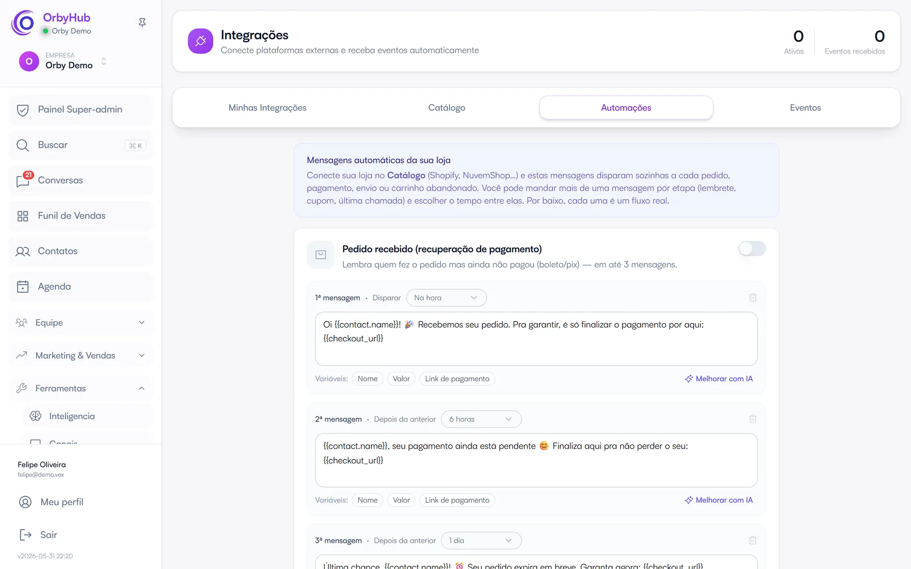 Automações de recuperação de carrinho e pagamento da OrbyHub