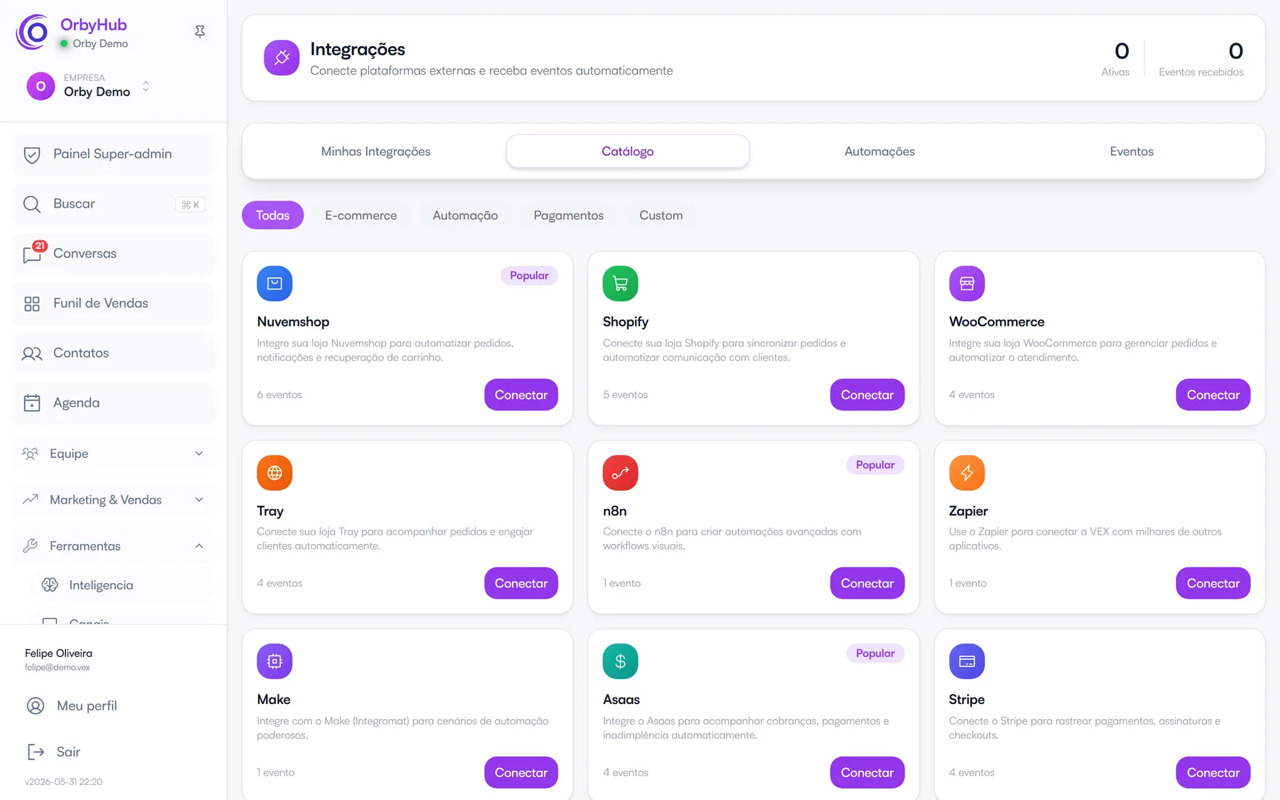 Catálogo de integrações de e-commerce da OrbyHub