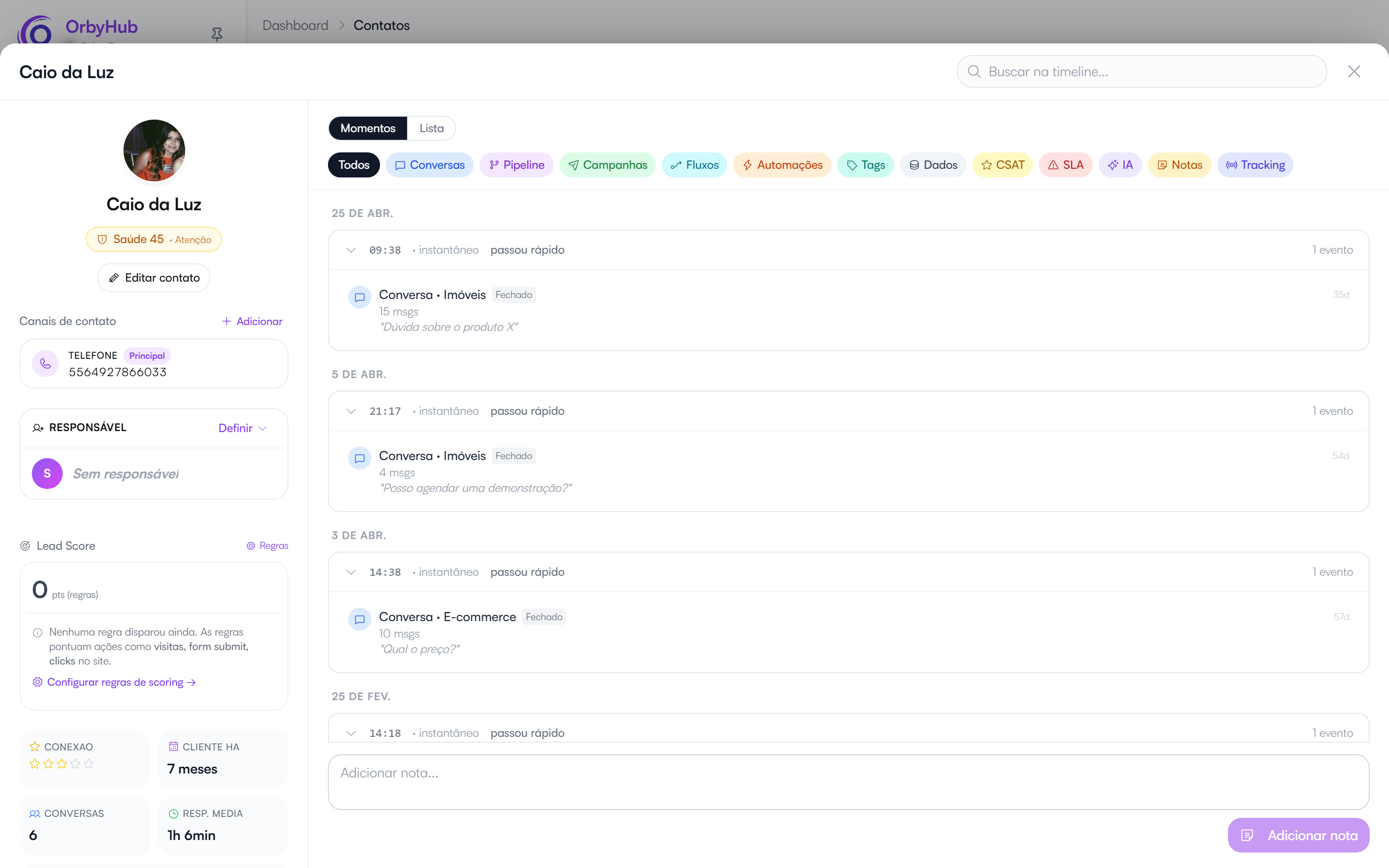Ficha e timeline do cliente na OrbyHub