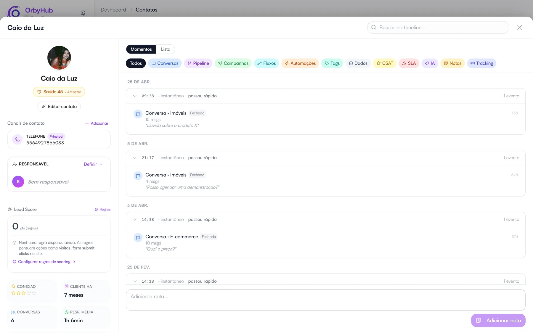 Ficha e timeline do cliente na OrbyHub